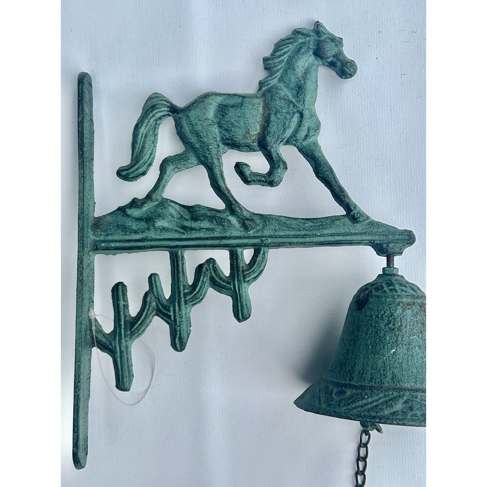Southwestern Horse Cactus Wall Mounted Dinner Bell Turquoise Patina 10 Inch